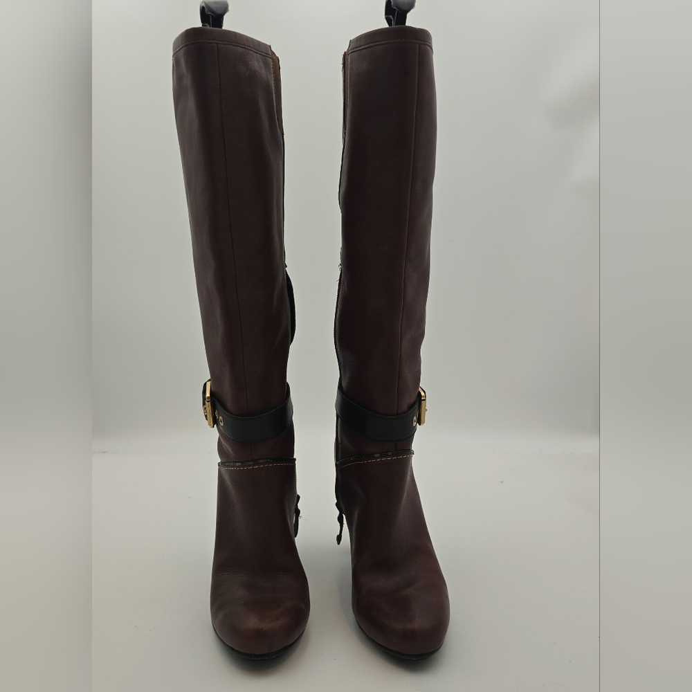 Y2K Jali Rockport Cigar Women 7 Leather Boots Tall Knee High Heels Buckle Zipper